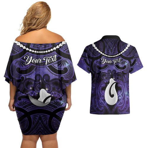 Personalised Maori Matariki Hei Matau Waiporoporo Couples Matching Off Shoulder Short Dress and Hawaiian Shirt Maori Kowhaiwhai Pattern Galaxy