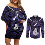 Personalised Maori Matariki Hei Matau Waiporoporo Couples Matching Off Shoulder Short Dress and Long Sleeve Button Shirt Maori Kowhaiwhai Pattern Galaxy