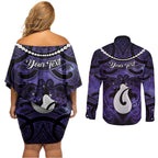 Personalised Maori Matariki Hei Matau Waiporoporo Couples Matching Off Shoulder Short Dress and Long Sleeve Button Shirt Maori Kowhaiwhai Pattern Galaxy
