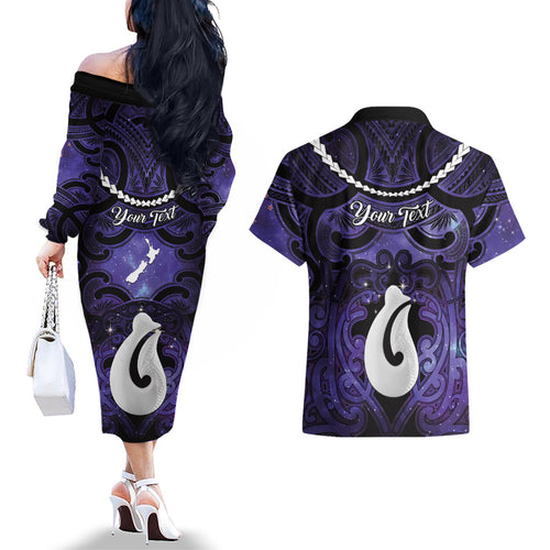 Personalised Maori Matariki Hei Matau Waiporoporo Couples Matching Off The Shoulder Long Sleeve Dress and Hawaiian Shirt Maori Kowhaiwhai Pattern Galaxy
