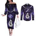 Personalised Maori Matariki Hei Matau Waiporoporo Couples Matching Off The Shoulder Long Sleeve Dress and Long Sleeve Button Shirt Maori Kowhaiwhai Pattern Galaxy