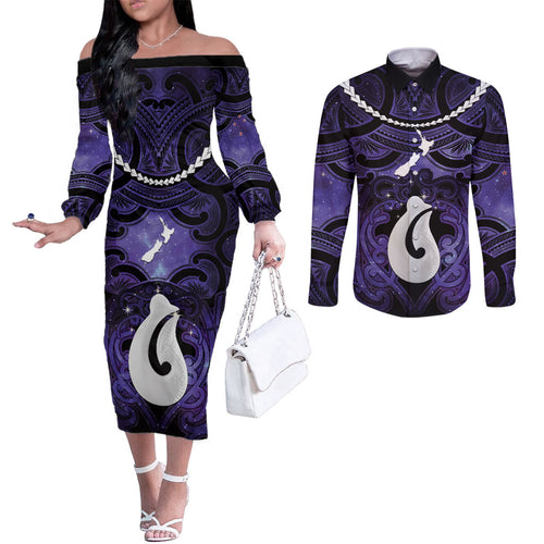 Personalised Maori Matariki Hei Matau Waiporoporo Couples Matching Off The Shoulder Long Sleeve Dress and Long Sleeve Button Shirt Maori Kowhaiwhai Pattern Galaxy