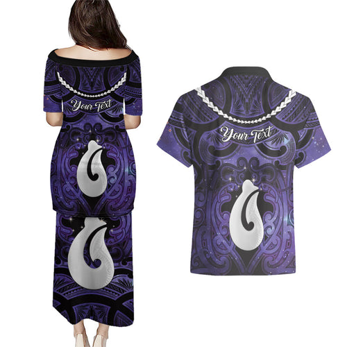 Personalised Maori Matariki Hei Matau Waiporoporo Couples Matching Puletasi and Hawaiian Shirt Maori Kowhaiwhai Pattern Galaxy