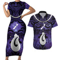 Personalised Maori Matariki Hei Matau Waiporoporo Couples Matching Short Sleeve Bodycon Dress and Hawaiian Shirt Maori Kowhaiwhai Pattern Galaxy