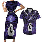 Personalised Maori Matariki Hei Matau Waiporoporo Couples Matching Short Sleeve Bodycon Dress and Hawaiian Shirt Maori Kowhaiwhai Pattern Galaxy