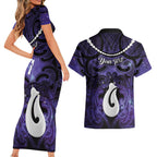 Personalised Maori Matariki Hei Matau Waiporoporo Couples Matching Short Sleeve Bodycon Dress and Hawaiian Shirt Maori Kowhaiwhai Pattern Galaxy