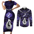Personalised Maori Matariki Hei Matau Waiporoporo Couples Matching Short Sleeve Bodycon Dress and Long Sleeve Button Shirt Maori Kowhaiwhai Pattern Galaxy