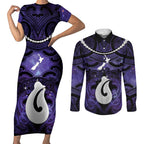 Personalised Maori Matariki Hei Matau Waiporoporo Couples Matching Short Sleeve Bodycon Dress and Long Sleeve Button Shirt Maori Kowhaiwhai Pattern Galaxy