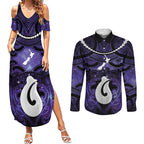Personalised Maori Matariki Hei Matau Waiporoporo Couples Matching Summer Maxi Dress and Long Sleeve Button Shirt Maori Kowhaiwhai Pattern Galaxy