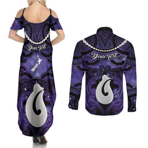Personalised Maori Matariki Hei Matau Waiporoporo Couples Matching Summer Maxi Dress and Long Sleeve Button Shirt Maori Kowhaiwhai Pattern Galaxy