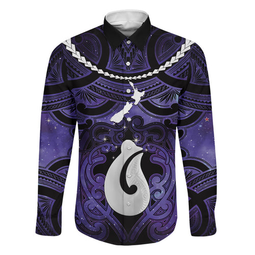Personalised Maori Matariki Hei Matau Waiporoporo Family Matching Long Sleeve Bodycon Dress and Hawaiian Shirt Maori Kowhaiwhai Pattern Galaxy