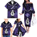 Personalised Maori Matariki Hei Matau Waiporoporo Family Matching Off The Shoulder Long Sleeve Dress and Hawaiian Shirt Maori Kowhaiwhai Pattern Galaxy