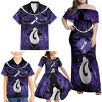 Personalised Maori Matariki Hei Matau Waiporoporo Family Matching Off Shoulder Maxi Dress and Hawaiian Shirt Maori Kowhaiwhai Pattern Galaxy