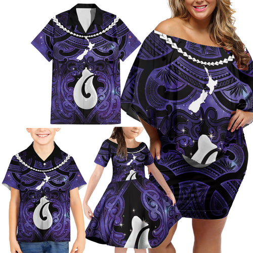 Personalised Maori Matariki Hei Matau Waiporoporo Family Matching Off Shoulder Short Dress and Hawaiian Shirt Maori Kowhaiwhai Pattern Galaxy
