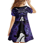 Personalised Maori Matariki Hei Matau Waiporoporo Family Matching Off Shoulder Short Dress and Hawaiian Shirt Maori Kowhaiwhai Pattern Galaxy