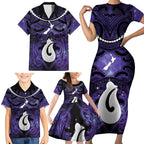 Personalised Maori Matariki Hei Matau Waiporoporo Family Matching Short Sleeve Bodycon Dress and Hawaiian Shirt Maori Kowhaiwhai Pattern Galaxy
