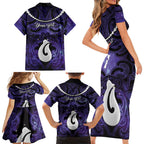 Personalised Maori Matariki Hei Matau Waiporoporo Family Matching Short Sleeve Bodycon Dress and Hawaiian Shirt Maori Kowhaiwhai Pattern Galaxy