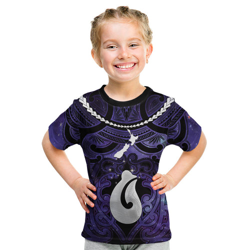 Personalised Maori Matariki Hei Matau Waiporoporo Kid T Shirt Maori Kowhaiwhai Pattern Galaxy