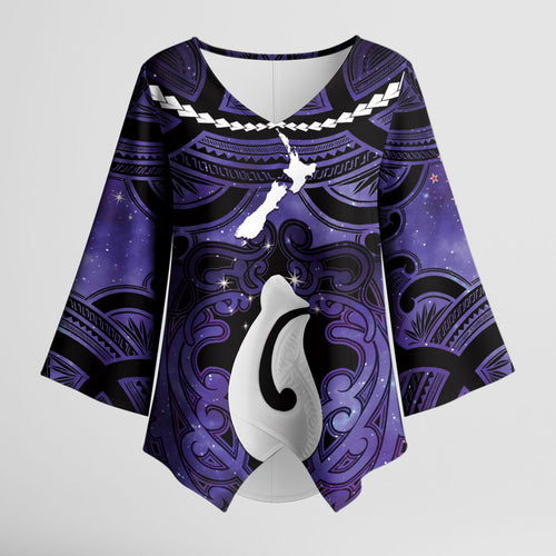 Personalised Maori Matariki Hei Matau Waiporoporo Kimono Sleeve Blouse Maori Kowhaiwhai Pattern Galaxy