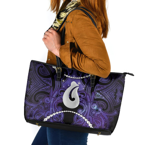 Maori Matariki Hei Matau Waiporoporo Leather Tote Bag Maori Kowhaiwhai Pattern Galaxy
