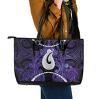 Maori Matariki Hei Matau Waiporoporo Leather Tote Bag Maori Kowhaiwhai Pattern Galaxy