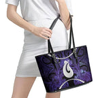 Maori Matariki Hei Matau Waiporoporo Leather Tote Bag Maori Kowhaiwhai Pattern Galaxy