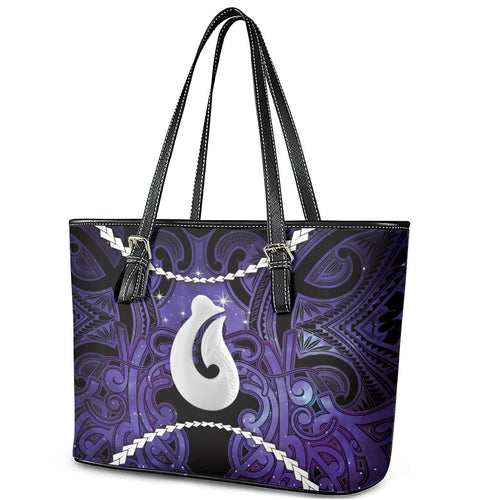 Maori Matariki Hei Matau Waiporoporo Leather Tote Bag Maori Kowhaiwhai Pattern Galaxy