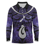 Personalised Maori Matariki Hei Matau Waiporoporo Long Sleeve Polo Shirt Maori Kowhaiwhai Pattern Galaxy