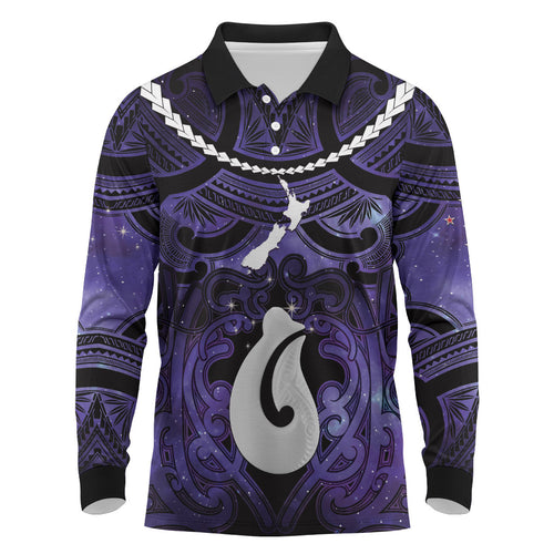 Personalised Maori Matariki Hei Matau Waiporoporo Long Sleeve Polo Shirt Maori Kowhaiwhai Pattern Galaxy