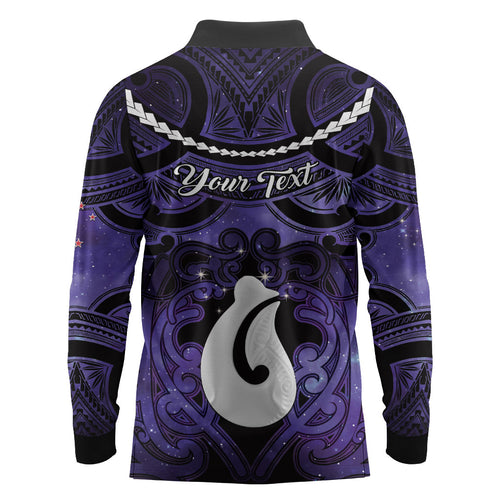 Personalised Maori Matariki Hei Matau Waiporoporo Long Sleeve Polo Shirt Maori Kowhaiwhai Pattern Galaxy
