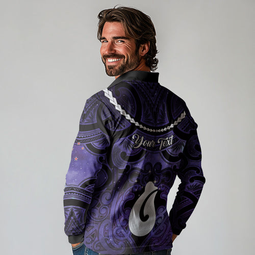 Personalised Maori Matariki Hei Matau Waiporoporo Long Sleeve Polo Shirt Maori Kowhaiwhai Pattern Galaxy