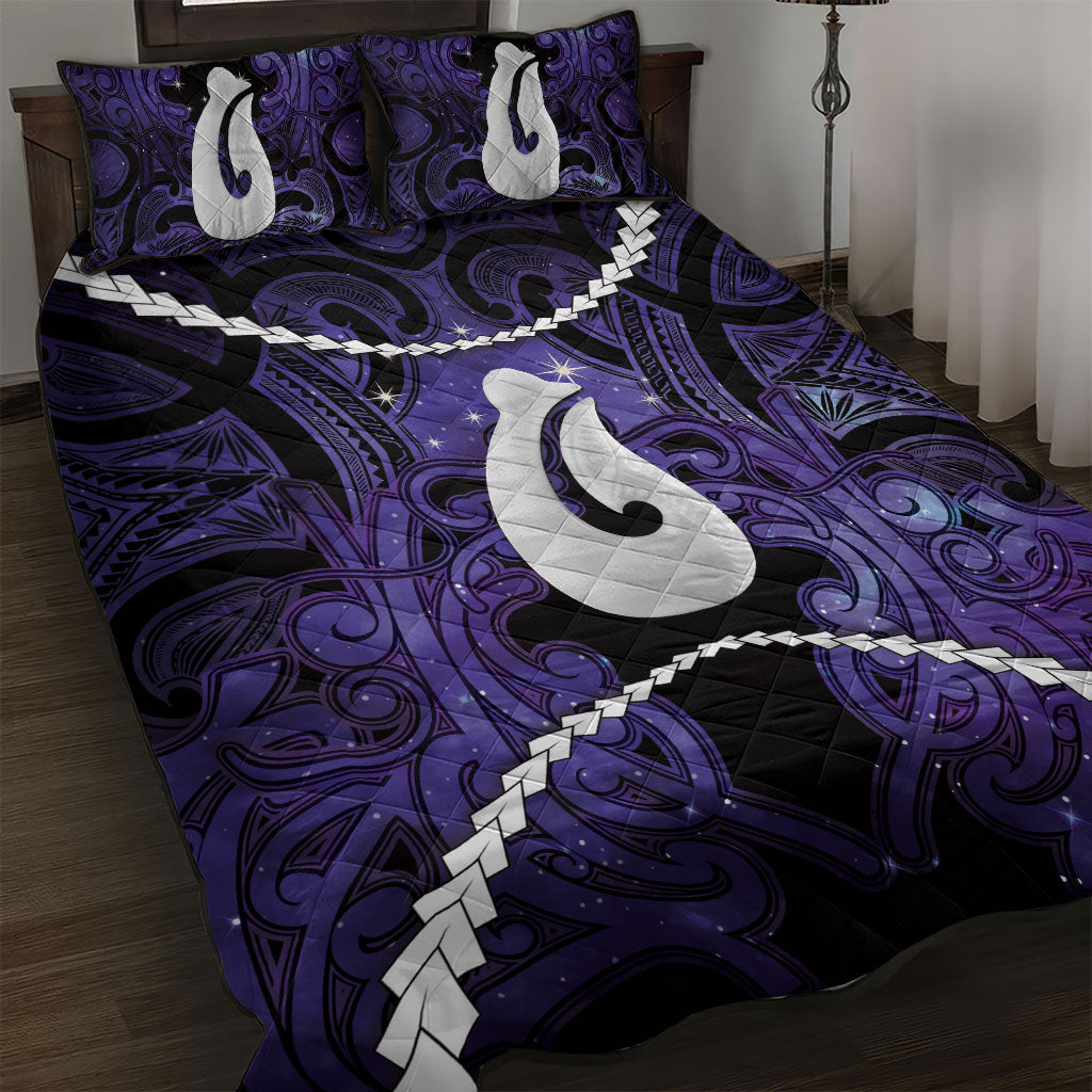 Maori Matariki Hei Matau Waiporoporo Quilt Bed Set Maori Kowhaiwhai Pattern Galaxy