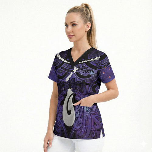 Personalised Maori Matariki Hei Matau Waiporoporo Scrub Top Maori Kowhaiwhai Pattern Galaxy
