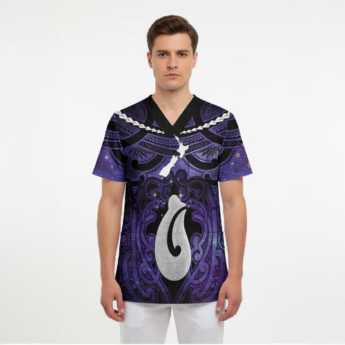 Personalised Maori Matariki Hei Matau Waiporoporo Scrub Top Maori Kowhaiwhai Pattern Galaxy