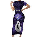 Personalised Maori Matariki Hei Matau Waiporoporo Short Sleeve Bodycon Dress Maori Kowhaiwhai Pattern Galaxy
