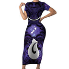 Personalised Maori Matariki Hei Matau Waiporoporo Short Sleeve Bodycon Dress Maori Kowhaiwhai Pattern Galaxy