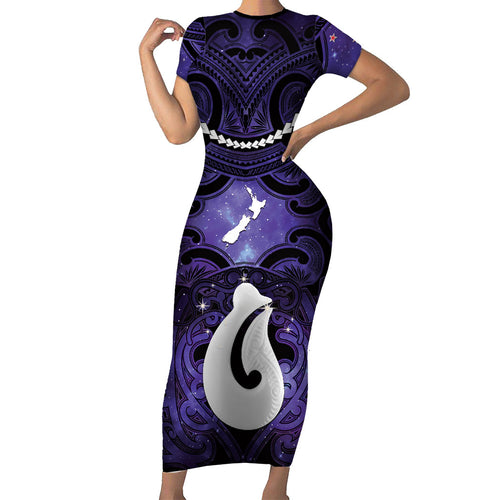 Personalised Maori Matariki Hei Matau Waiporoporo Short Sleeve Bodycon Dress Maori Kowhaiwhai Pattern Galaxy