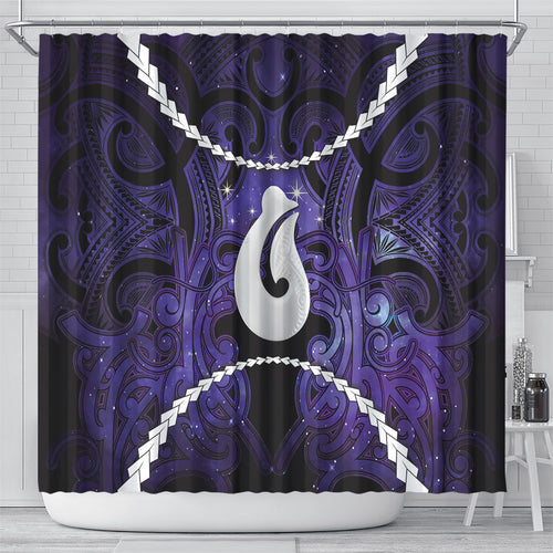 Maori Matariki Hei Matau Waiporoporo Shower Curtain Maori Kowhaiwhai Pattern Galaxy