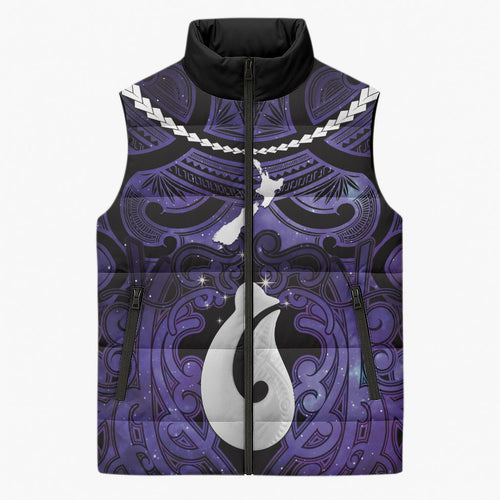 Personalised Maori Matariki Hei Matau Waiporoporo Sleeveless Puffer Jacket Maori Kowhaiwhai Pattern Galaxy