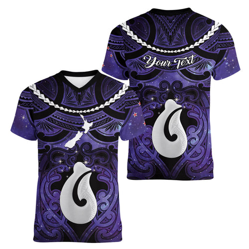 Personalised Maori Matariki Hei Matau Waiporoporo Women V-Neck T-Shirt Maori Kowhaiwhai Pattern Galaxy