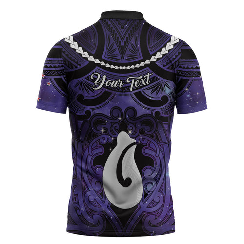 Personalised Maori Matariki Hei Matau Waiporoporo Zipper Polo Shirt Maori Kowhaiwhai Pattern Galaxy