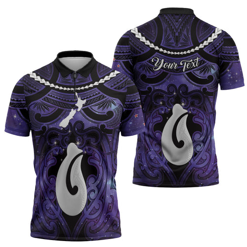 Personalised Maori Matariki Hei Matau Waiporoporo Zipper Polo Shirt Maori Kowhaiwhai Pattern Galaxy