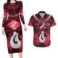 Personalised Maori Matariki Hei Matau Whero Couples Matching Long Sleeve Bodycon Dress and Hawaiian Shirt Maori Kowhaiwhai Pattern Galaxy