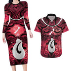 Personalised Maori Matariki Hei Matau Whero Couples Matching Long Sleeve Bodycon Dress and Hawaiian Shirt Maori Kowhaiwhai Pattern Galaxy