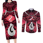 Personalised Maori Matariki Hei Matau Whero Couples Matching Long Sleeve Bodycon Dress and Long Sleeve Button Shirt Maori Kowhaiwhai Pattern Galaxy