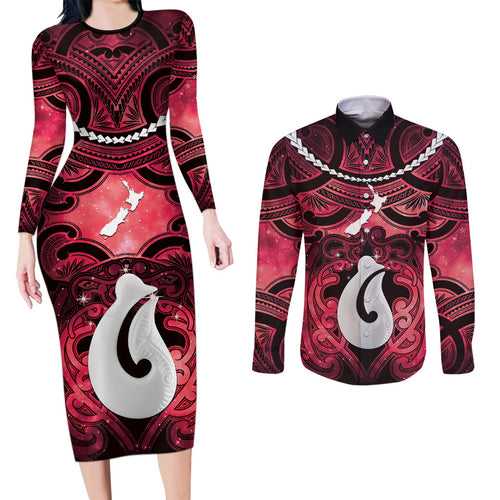 Personalised Maori Matariki Hei Matau Whero Couples Matching Long Sleeve Bodycon Dress and Long Sleeve Button Shirt Maori Kowhaiwhai Pattern Galaxy