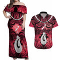 Personalised Maori Matariki Hei Matau Whero Couples Matching Off Shoulder Maxi Dress and Hawaiian Shirt Maori Kowhaiwhai Pattern Galaxy