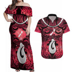 Personalised Maori Matariki Hei Matau Whero Couples Matching Off Shoulder Maxi Dress and Hawaiian Shirt Maori Kowhaiwhai Pattern Galaxy