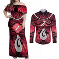 Personalised Maori Matariki Hei Matau Whero Couples Matching Off Shoulder Maxi Dress and Long Sleeve Button Shirt Maori Kowhaiwhai Pattern Galaxy