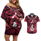 Personalised Maori Matariki Hei Matau Whero Couples Matching Off Shoulder Short Dress and Hawaiian Shirt Maori Kowhaiwhai Pattern Galaxy